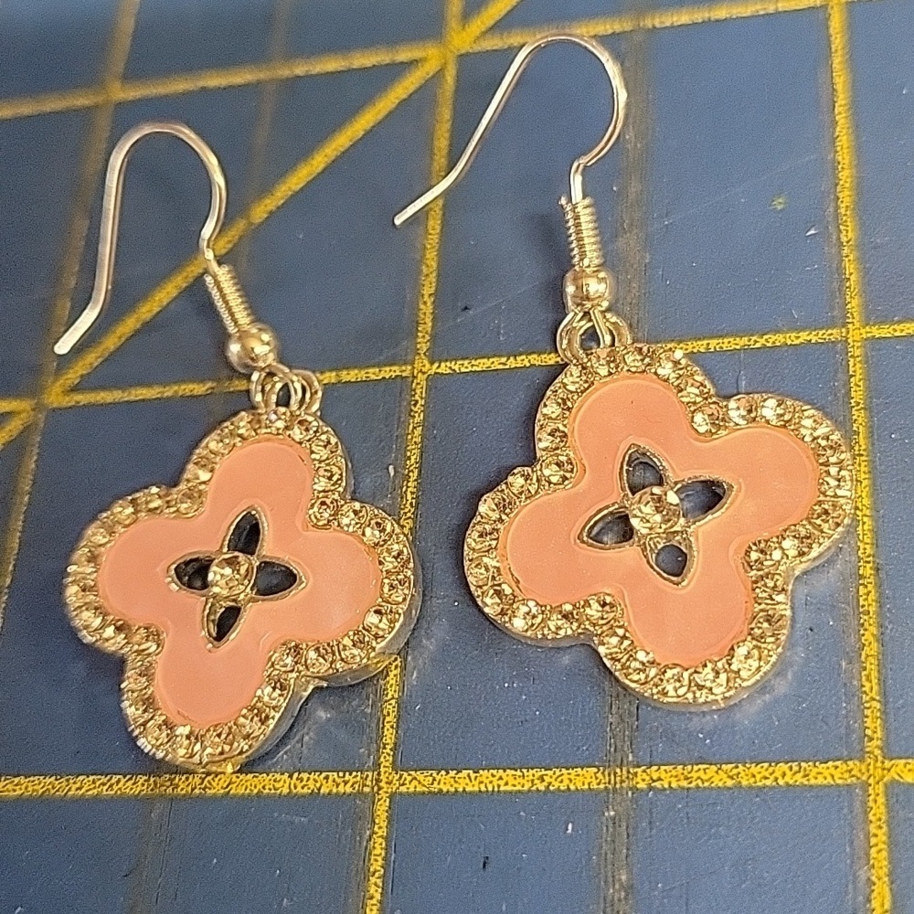 Silver Tone & Pink Enamel Floral Earrings New